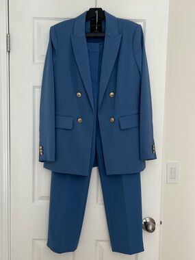 Elie Tahari Teal-Blue Double-Breasted Suit with Gold Buttons